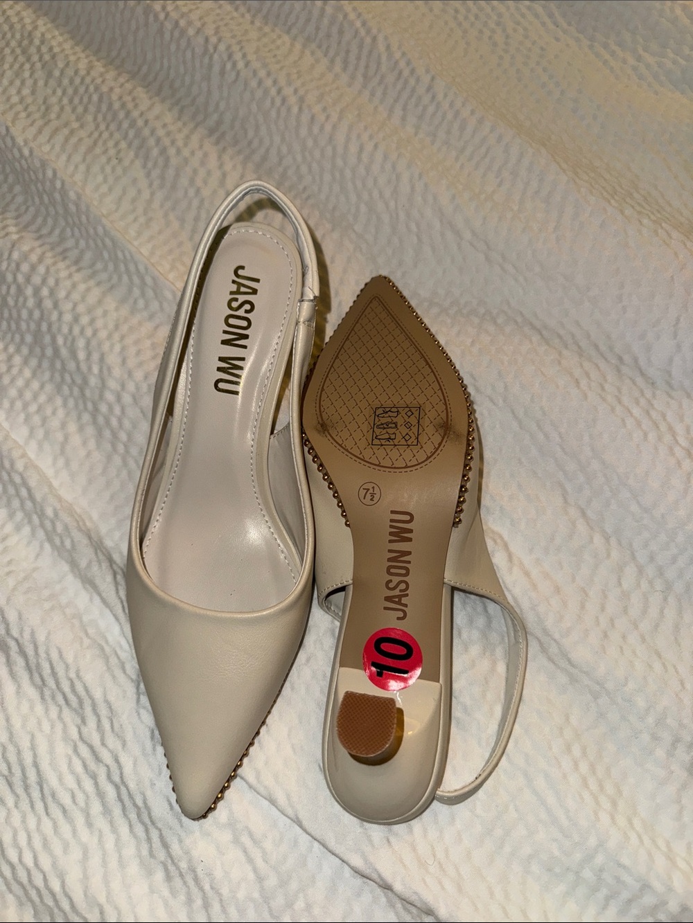 Jason Wu Ivory Pointed-Toe Slingback Flats with Gold Trim - Picture 4 of 4